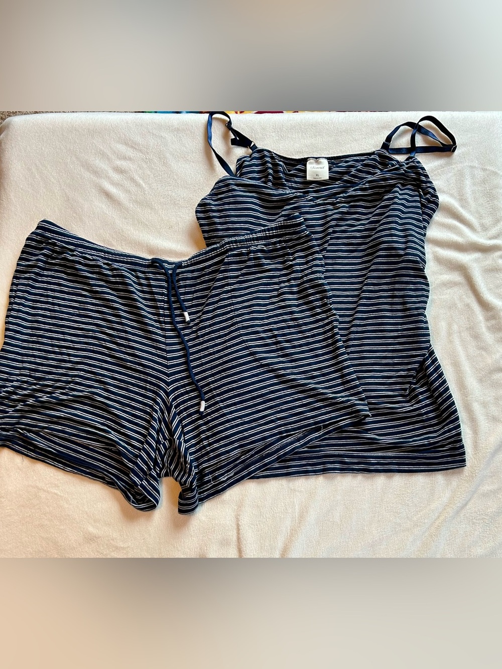 Soma Cool Nights Navy & White Stripe Cami Pajama Set Top XL Bottom L